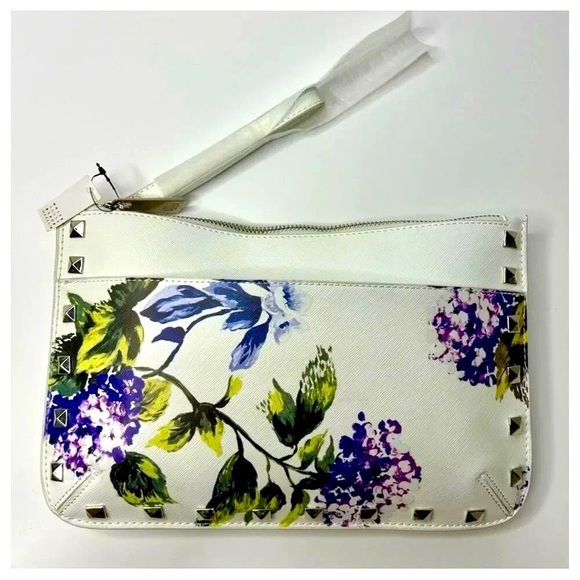 White House Black Market Hydrangea Studded Floral Clutch Wristlet White/Multi - Picture 4 of 8